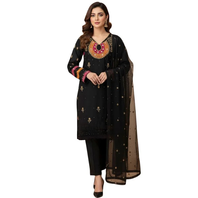 Organza 3-Piece Suit for Women | Unstitched Handmade Aari Zari & Beads Work